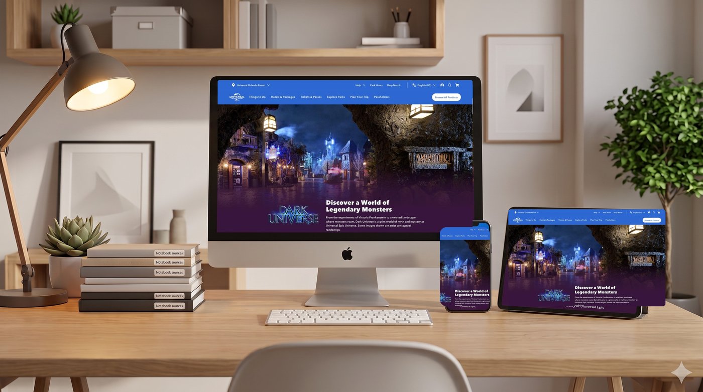 Dark Universe world page shown on desktop, phone, and tablet